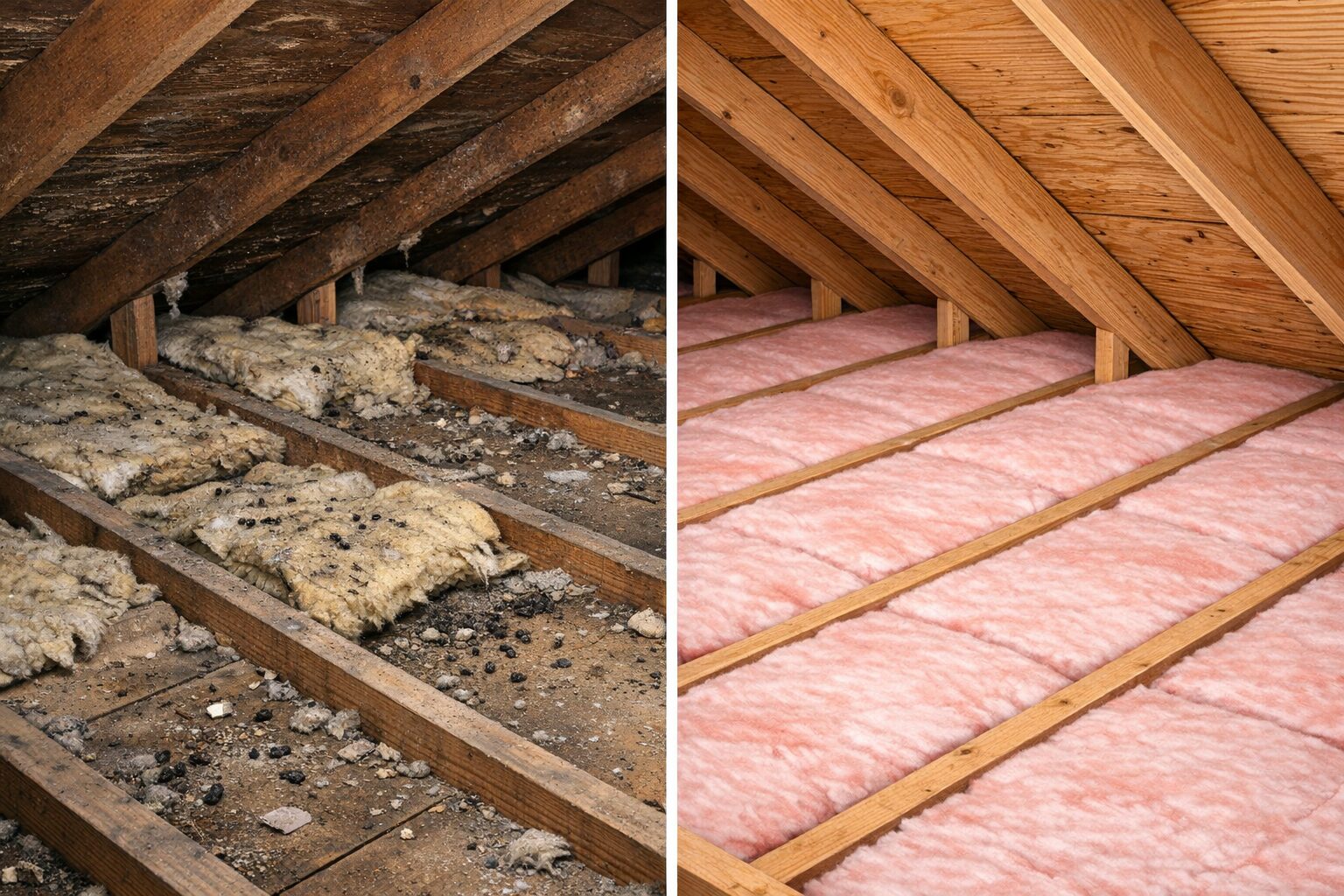 Before and after attic cleanout example showing raccoon contamination and insulation removal in Connecticut