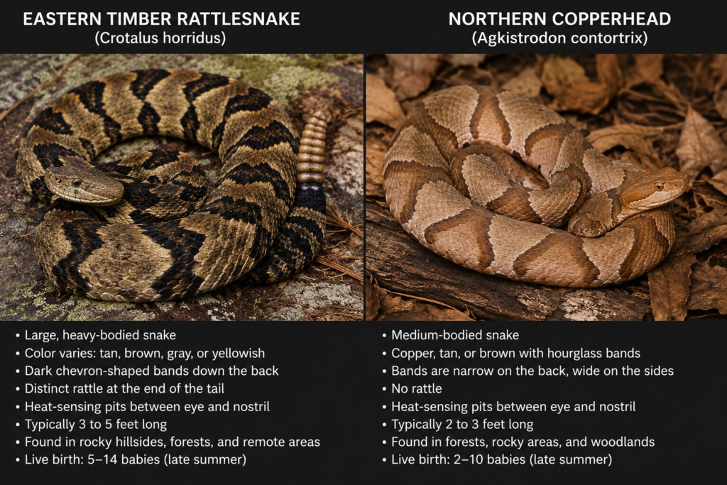 Connecticut copperhead and Eastern timber rattlesnake